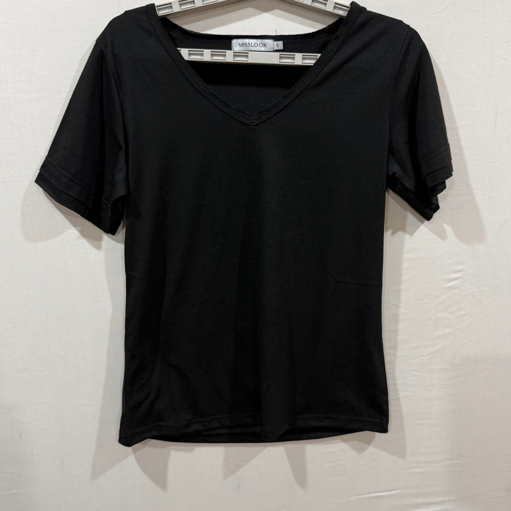 MISSLOOK‎ Black V Neck Short Sleeve T Shirt Womens Size S Cotton Polyester Basic